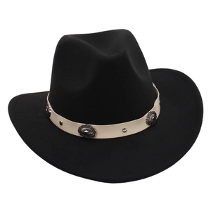 Detail of black cowboy hat featuring beige leather band with engraved metal studs
