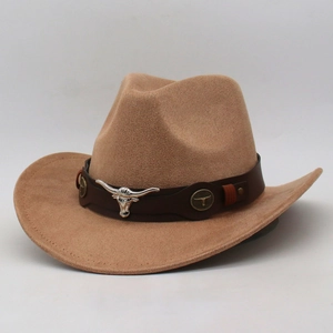 Western felt cowboy hat in khaki with a leather band and silver bull head metal ornament
