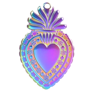 Pendentif cœur en acier inoxydable iridescent avec relief floral et crochet couronne