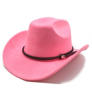 Detail of pink faux suede cowboy hat showing woven band and metal buckle texture