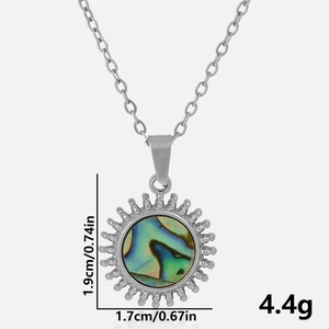 Detail showing dimensions of sunburst pendant with abalone shell inlay on O-chain