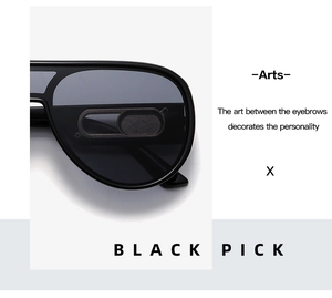 Detail of black oversized aviator sunglasses featuring adjustable sliding frame mechanism