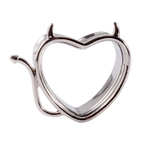 Polished silver devil heart ear tunnel plug in stainless steel with horns and tail