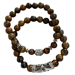 Men's luxury tiger eye stone beaded bracelets with silver lion and crown charms