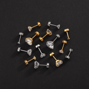 Titanium steel flat back earrings with round clear zircon in gold and silver plating