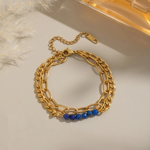 Vintage 18K gold plated double layer stainless steel bracelet with blue lapis lazuli beads