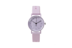 Detailed front view of light purple silicone women's quartz watch with round dial