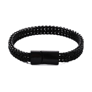 Detailed close-up of a black double-row woven stainless steel bracelet with magnetic clasp