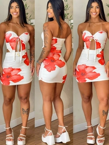 Women Floral Print Tube Top And Ruched Mini Skirt Outfits Polyester Spandex Summer Sexy Vacation Clothing