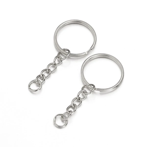 Polished silver metal split key rings with short chain and open jump ring connectors