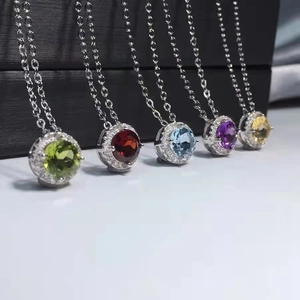 S925 silver halo pendant necklace featuring round natural gemstones in five vibrant colors