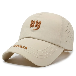 Beige quick-dry baseball cap with NY embroidery and breathable side laser-cut vents