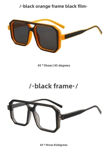 Detail view of large geometric double-bridge sunglasses shown from a 45-degree angle