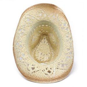 Detail of hollow woven straw hat with breathable mesh and natural brown gradient brim