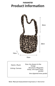 Detailed size parameters of the leopard print plush bucket bag with dimensions and strap length