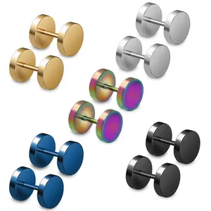 Stainless Steel Barbell Stud Earrings Dumbbell Round Flat Disc Punk Jewelry For Men Women