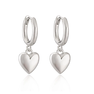 Polished silver heart drop hoop earrings with a minimalist 18k gold plated design