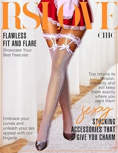 Close-up of white fishnet thigh high socks with light purple lace and bow detail