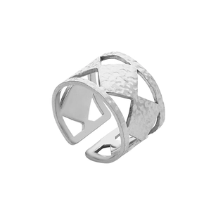 Detail shot of wide hollow geometric stainless steel ring with vintage textured finish