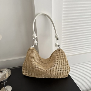 Hand-Woven Straw Shoulder Bag For Women Large Capacity Summer Beach Tote With Zipper PU Knotted Strap Vintage Trendy