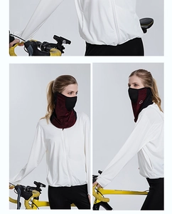 Detail showing red and black cooling breathable fabric and stitching on cycling face mask