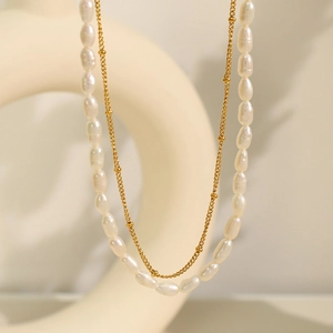 Layered Necklace Stainless Steel Freshwater Pearl Baroque Beads Elegant Chain Fashion Jewelry For Women Gift