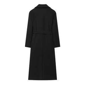 Classic black wool blend hooded long coat for women featuring a minimalist back view design
