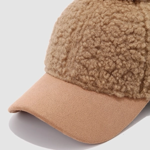 Kids sherpa baseball cap in tan brown featuring a fluffy sherpa texture and smooth brim