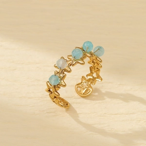 Gold open star ring with light blue natural stones for women in stainless steel