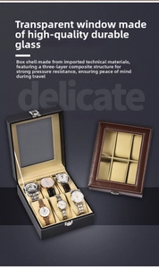 Detail of 6-slot faux leather watch box with glass window and metal lock closure
