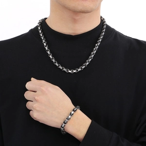 Ensemble collier et bracelet byzantins bicolores en acier inoxydable pour hommes