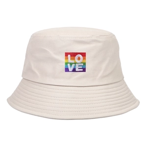 Beigefarbener Anglerhut aus Baumwolle mit Regenbogen-LOVE-Stickerei und Ziernähten