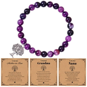 Purple agate beaded bracelet with Tree of Life charm and Grandma gift cards set