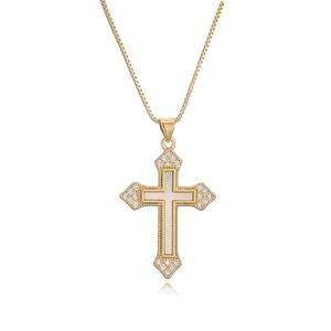 18K gold plated cross necklace with white shell inlay and pave zirconia accents
