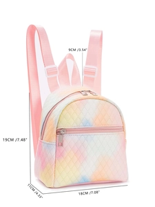 Quilted mini backpack dimensions detail showing height 19cm and width 18cm in tie-dye colors
