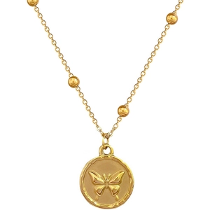Minimalist titanium steel gold necklace with a round butterfly embossed pendant