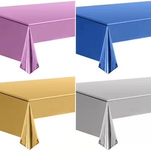 Disposable metallic PET tablecloth set in rose gold, blue, and silver for party decor