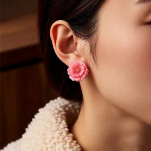 Pink double-layer 3D resin flower stud earrings with gold center for women