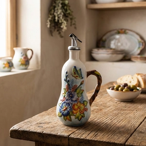 Detalle de flores y mariposa pintadas a mano en la botella de aceite de cerámica