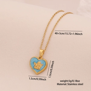 Detailed size and material specs for gold heart angel pendant necklace in stainless steel