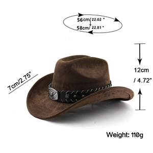 Brown faux suede cowboy hat with bull buckle, showing dimensions 56-58cm head circumference