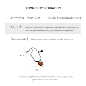 Size chart showing 97cm chain length and 4cm heart wood pendant dimensions with weight info