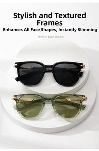 Detail of square oversized sunglasses set with metal hinges on white geometric stands