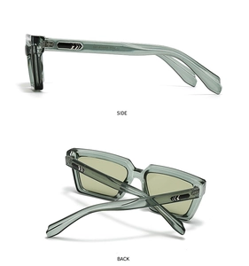 Detail view of translucent grey-green rectangular sunglasses with silver arrow accents