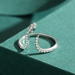 Chic S925 sterling silver snake open ring featuring sparkling crystals and green eyes