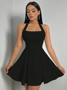 Vestito Mini Nero Tinta Unita Halter Sexy Schiena Scoperta Linea A Senza Maniche Moda Estate Party Donna