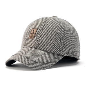 Grey herringbone wool baseball cap for men with stylish leather patch for autumn and winter