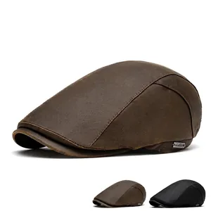 Vintage leather-texture flat cap with side metal label and panelled stitching design
