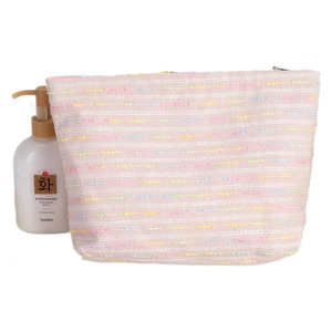 Pink woven large capacity cosmetic bag with textured pattern for makeup storage