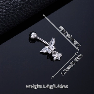 Macro view of silver butterfly belly ring with dimensions of 2.3cm by 1.3cm